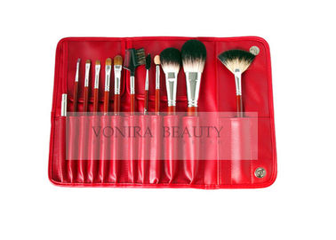 12PCs Nature Hair Cosmetic Makeup Brush Collection With Classic Red Handle And Red PU Clasped Case